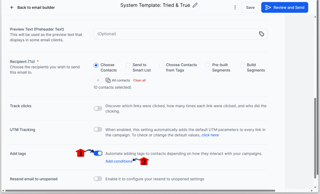 toggling on the automation contact tags