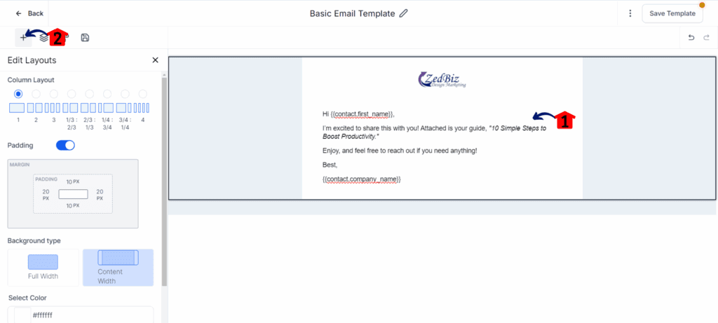 create-email-template-text-edit design email canvas text edit