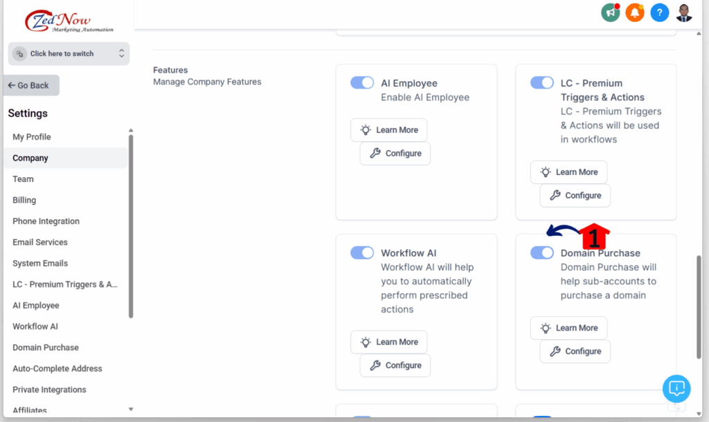 enable domain purchase - turn on