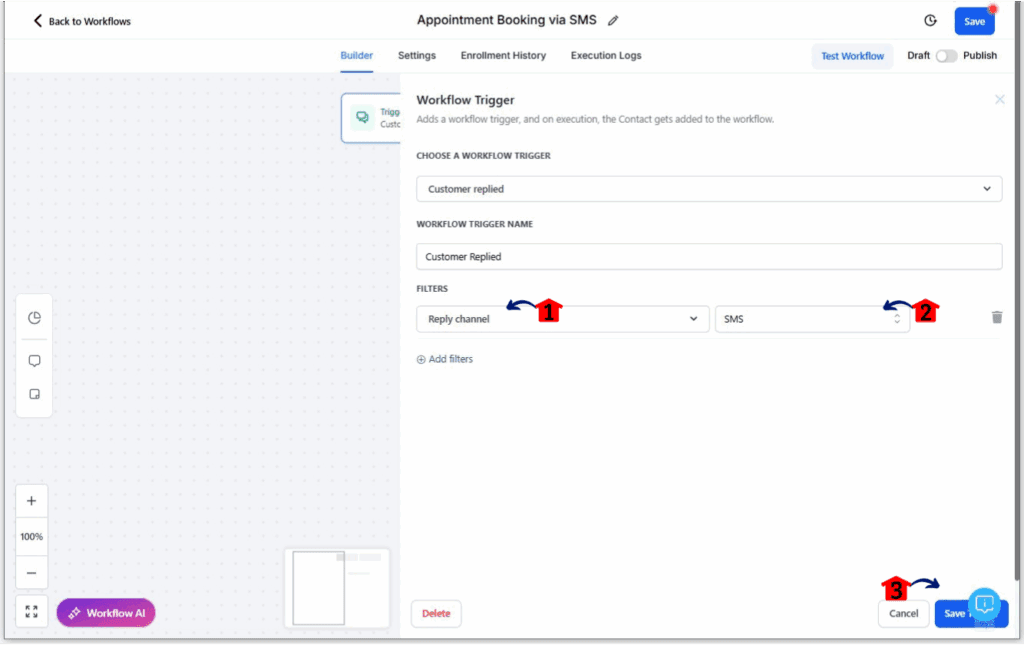 ghl-ai-appointment-booking-03 Configuring the Customer Replied trigger