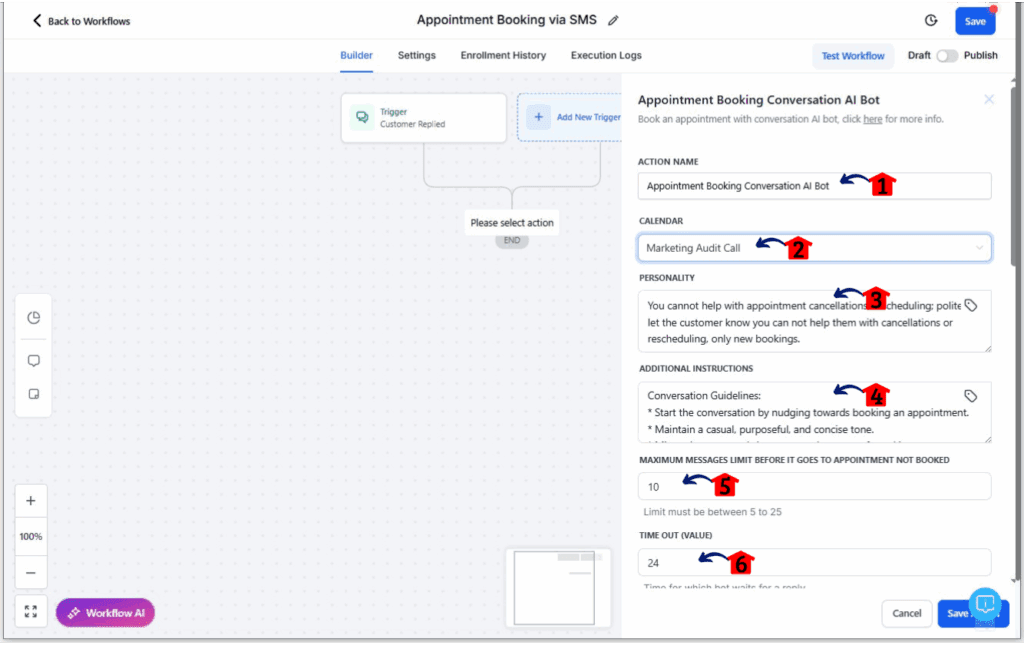 ghl-ai-appointment-booking-05-1 Settings for the AI Appointment Booking action 1