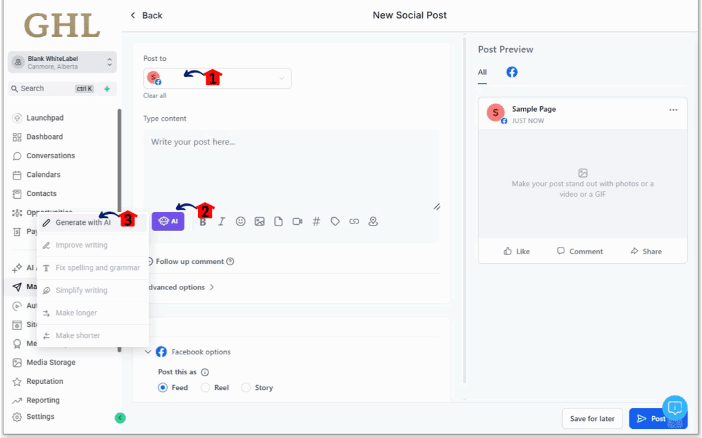 ghl-ai-content-feedback-02 Create social media post using social planner