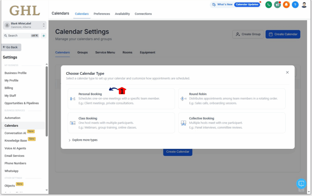 ghl-basic-booking-calendar-04 Choosing Personal Booking to create a basic booking calendar