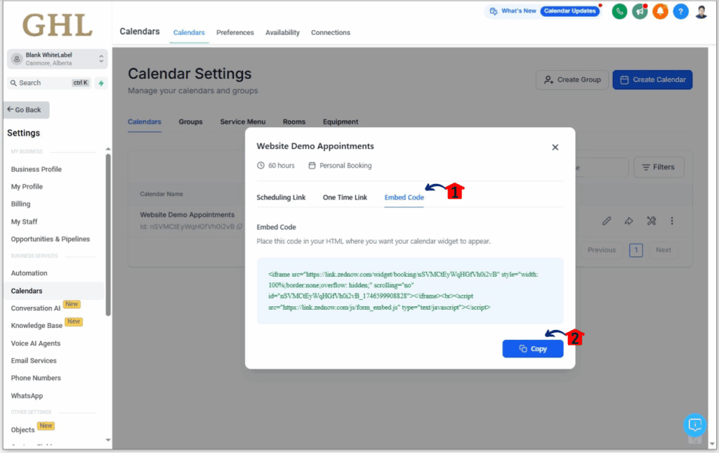 ghl-basic-booking-calendar-07 Copying the embed code