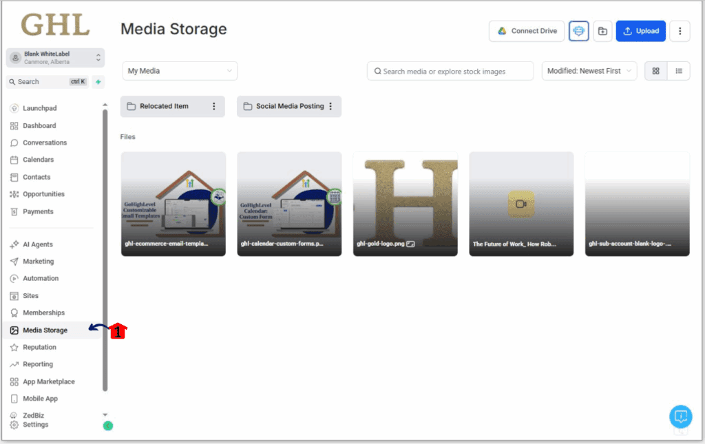 ghl-manage-media-storage-01 Accessing the media storage page
