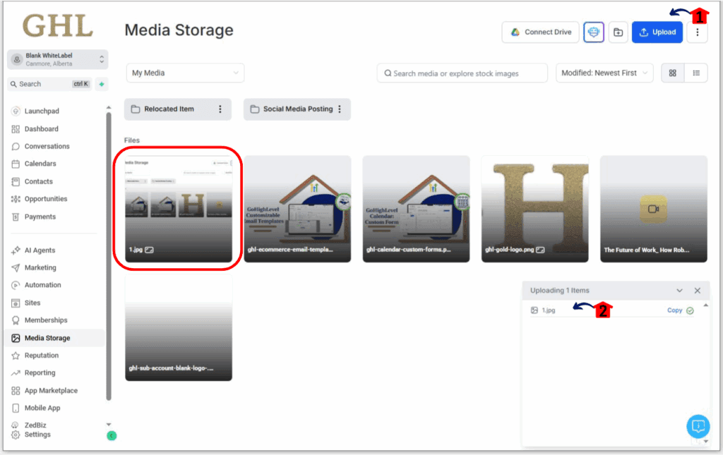 ghl-manage-media-storage-02 Uploading files in GHL media storage