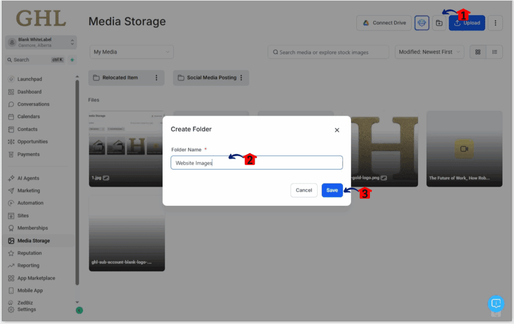 ghl-manage-media-storage-03 Creating a new folder in GHL to manage media storage properly
