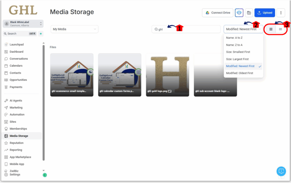 ghl-manage-media-storage-05 Sorting files in media storage