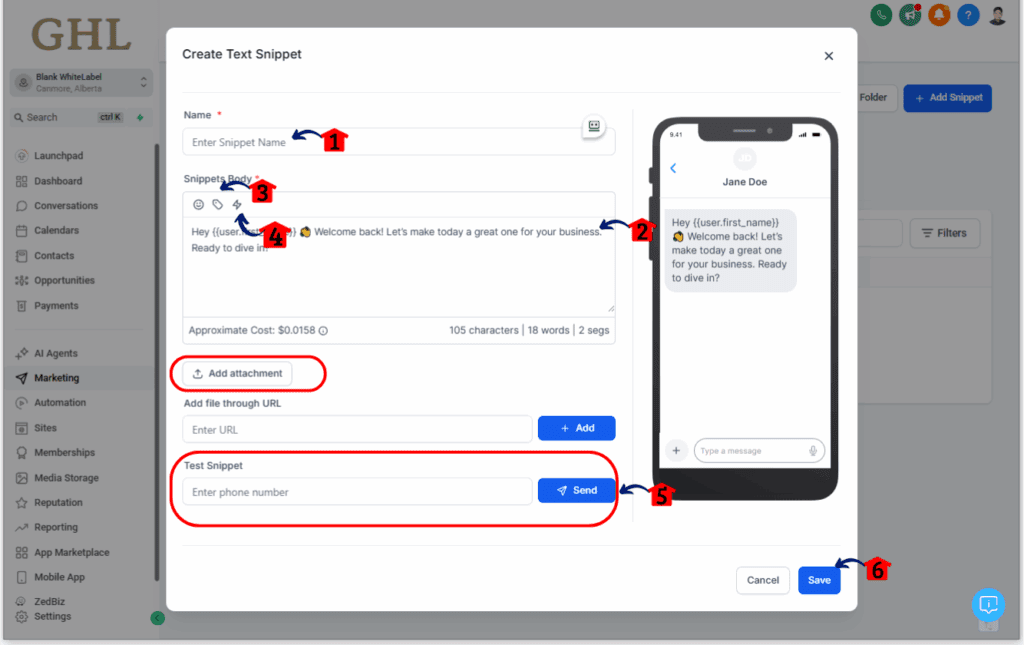 ghl-message-snippets-03 Creating GoHighLevel Message Snippets Step 3 (SMS)