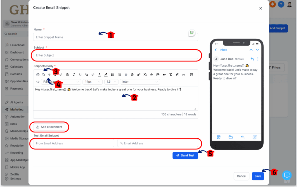 ghl-message-snippets-04 Creating GoHighLevel Message Snippets Step 4 (Email)