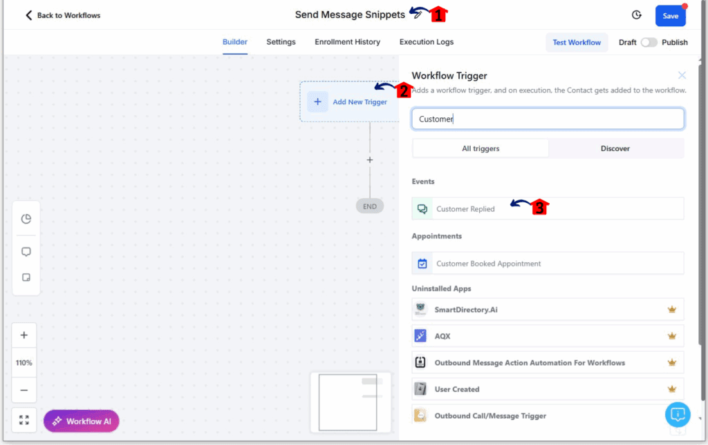ghl-message-snippets-06 Setting up a workflow for GHL message snippets Step 2