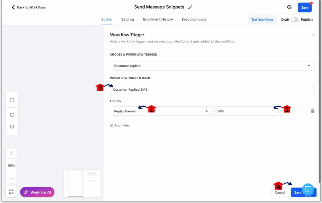 ghl-message-snippets-07 Setting up a workflow for GHL message snippets Step 3