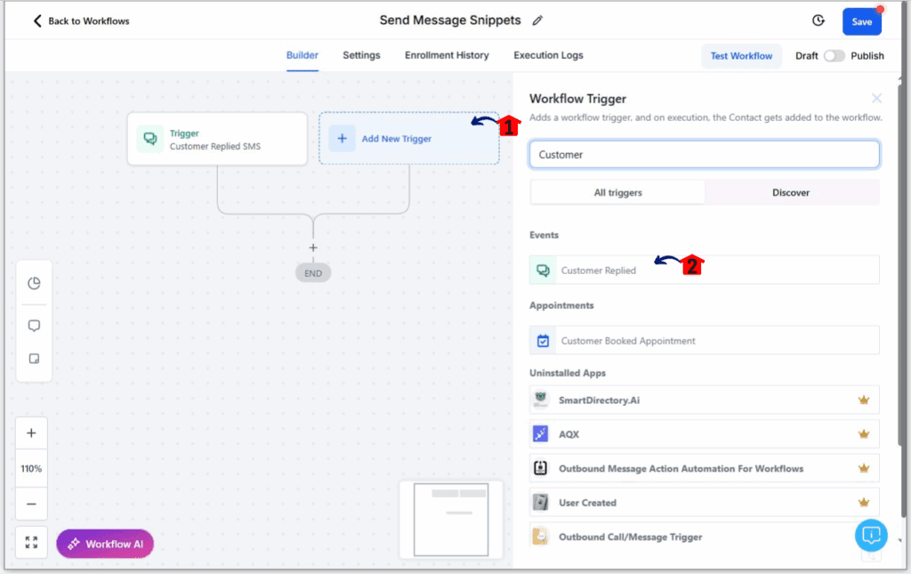 ghl-message-snippets-08 Setting up a workflow for GHL message snippets Step 4