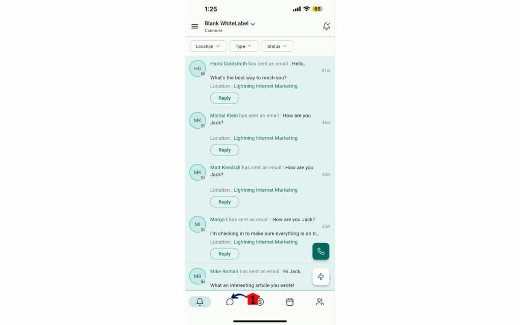 ghl-mobile-conversations-01 Accessing the Conversations tab in mobile app