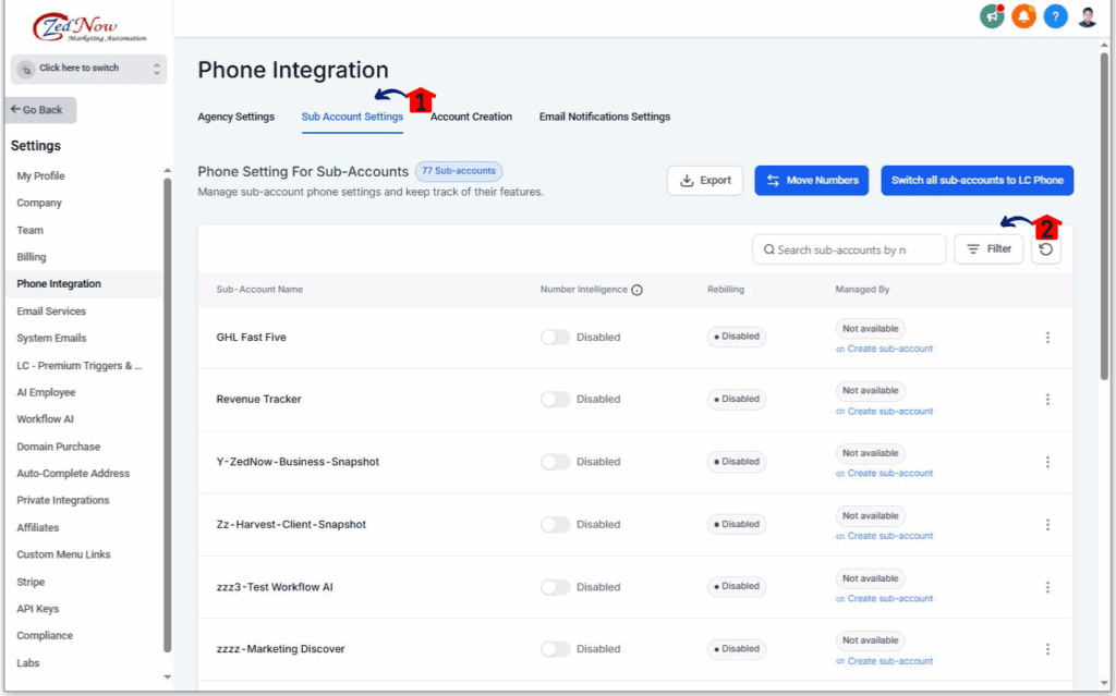 ghl-phone-system-filters-03 Sub-account settings tab page