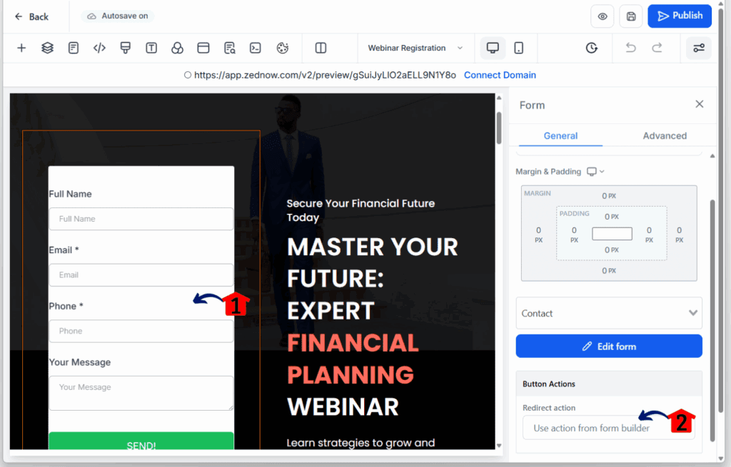 webinar page builder - form