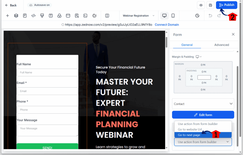 webinar page builder - go to next page