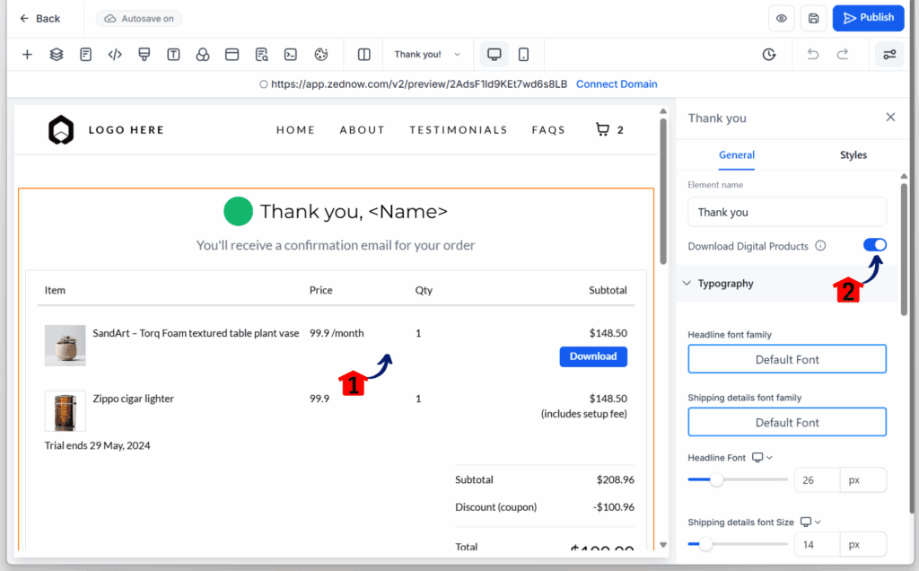 ghl-download-button-digital-ecommerce-enabled editing the Digital download button