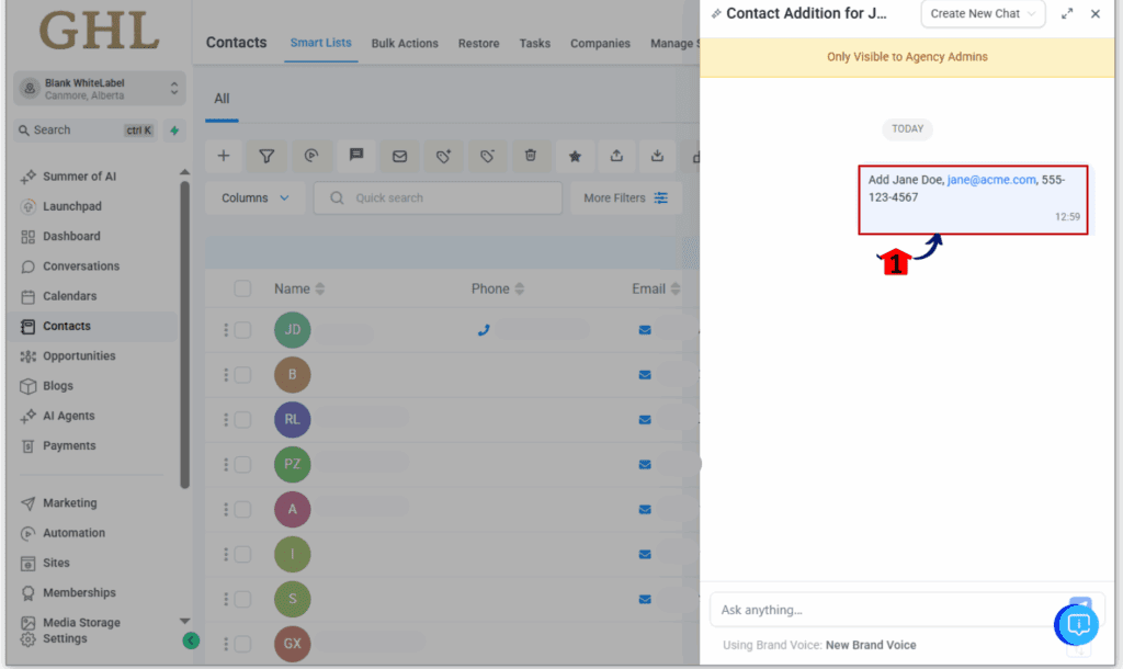 ask-ai-mcp-server-2 AI workflow automation displaying CRM data inside the GoHighLevel Ask AI chat window