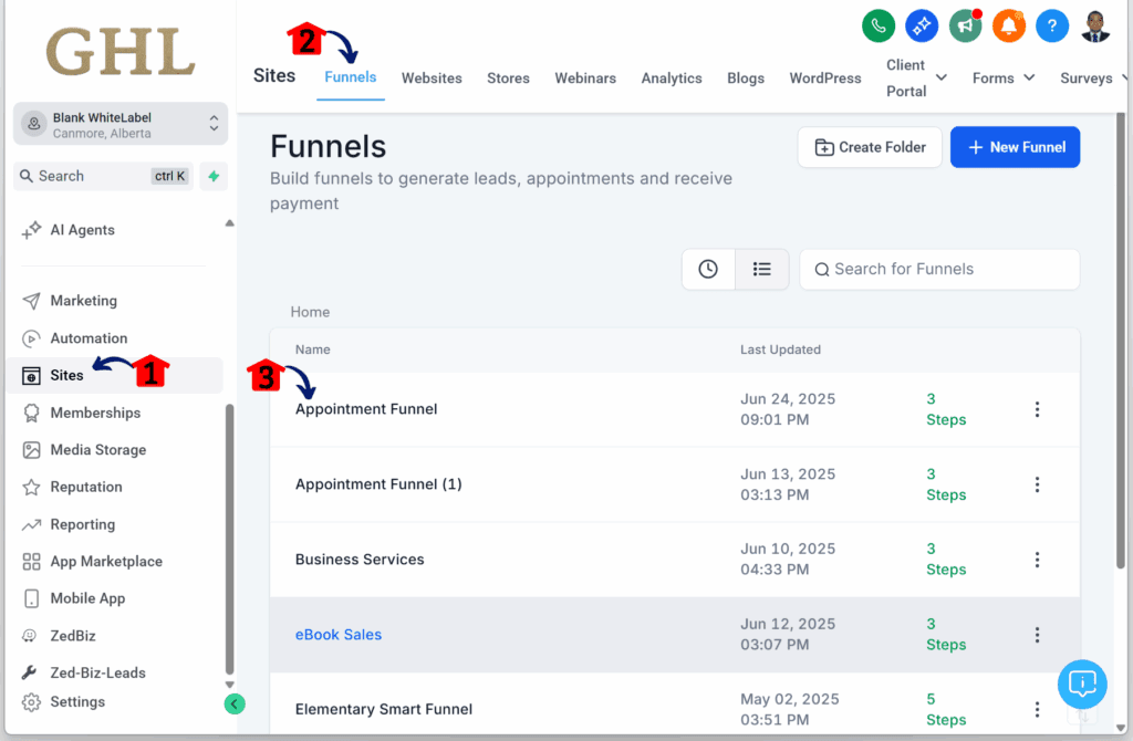 ghl-animation-customizations-funnels-websites-sites Choosing a funnel for editing