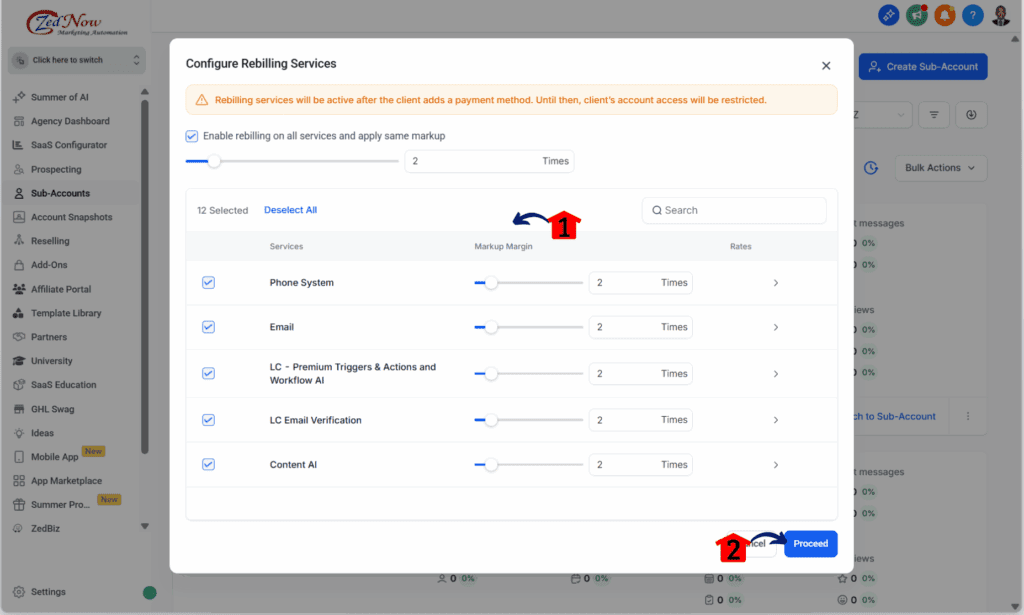 ghl-bulk-rebilling-sub-accounts-proceed saving the configurations for automated billing