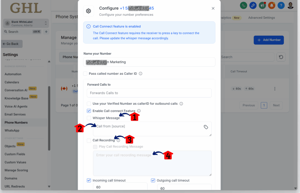 ghl-clearer-speech-configure configuring the whisper message and call recording
