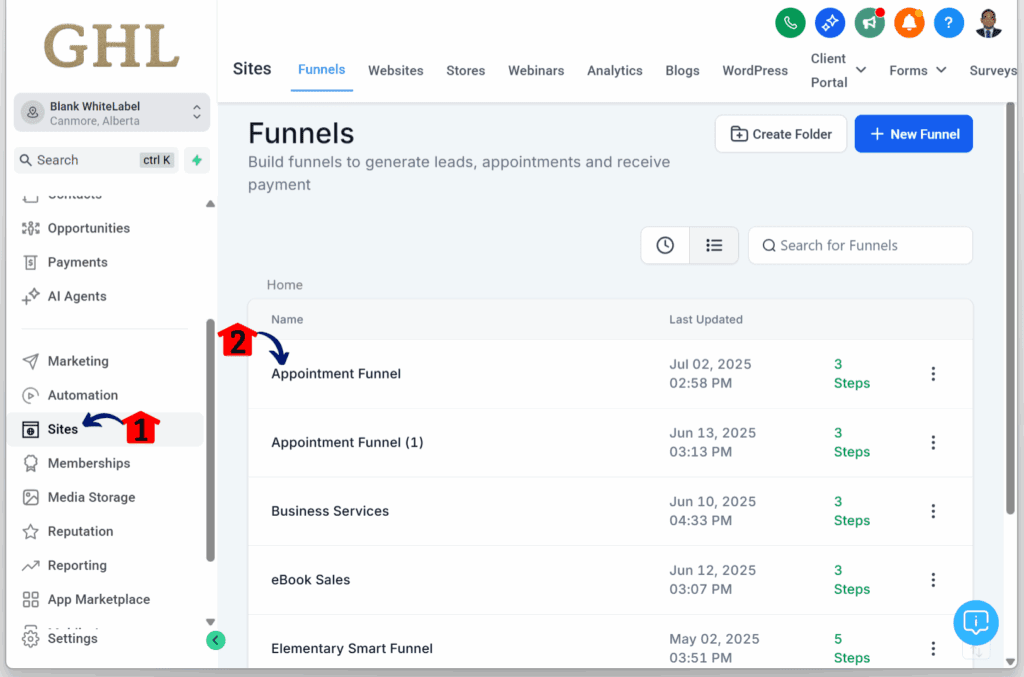 ghl-drag-drop-auto-hierarchical-sites Demonstrating the update in funnels