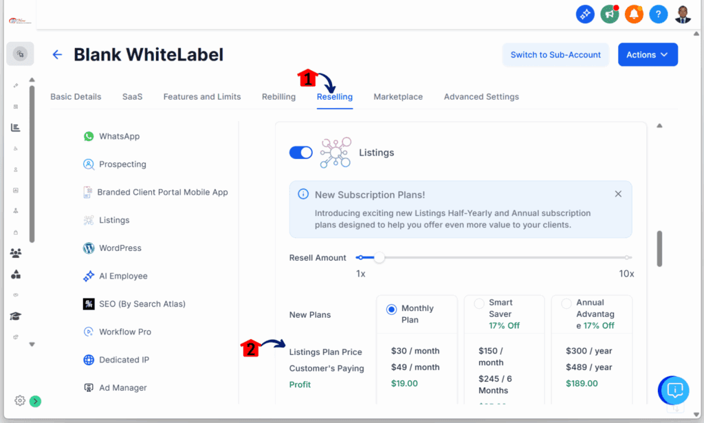 ghl-half-year-annual-plans-listing-reselling configuring for Online Listings Plans