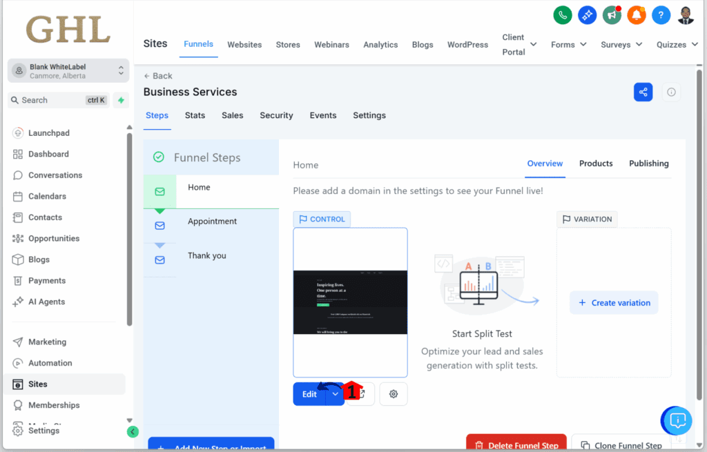 ghl-multiple-popups-page-edit editing a funnel