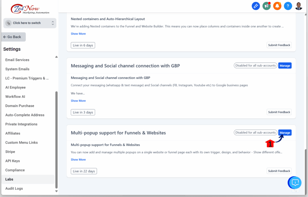 ghl-multiple-popups-page-manage managing the multiple website popups settings
