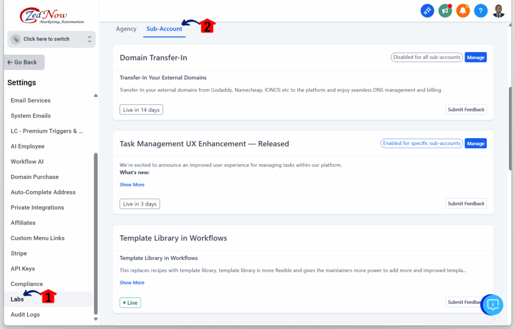 ghl-multiple-popups-page-sub-account clicking the sub-account under labs