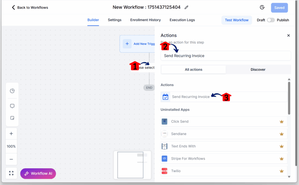 ghl-recurring-invoices-workflow-actions Adding the Recurring Invoice Automation element