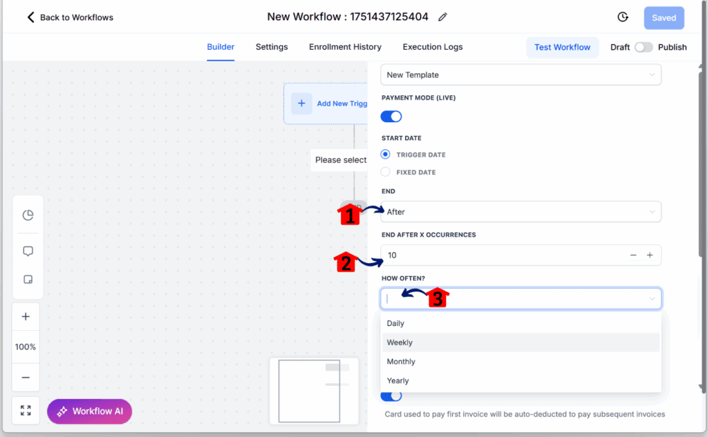 ghl-recurring-invoices-workflow-occurence configuring for sending invoice workflow