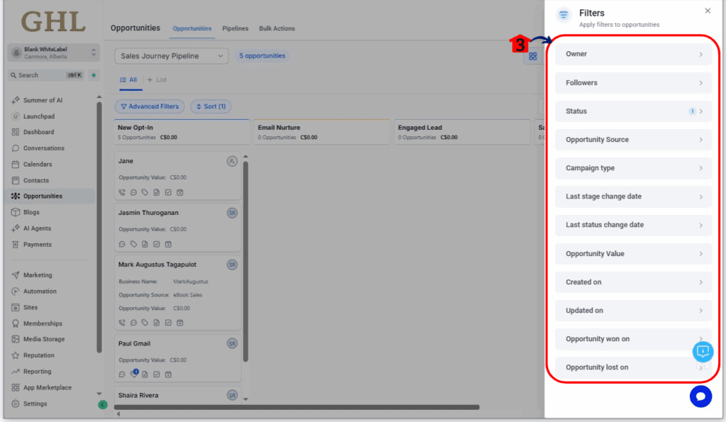 CRM Opportunity Filters list