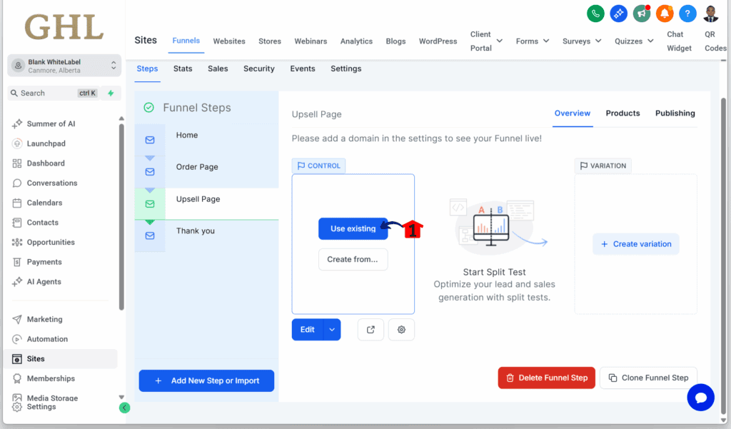 mini-guide-set-up-one-click-upsell-use-existing Clicking the use existing button
