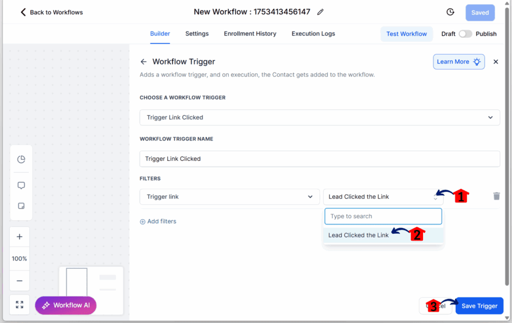 mini-guide-trigger-email-link-clicks-save saving the filters and triggers