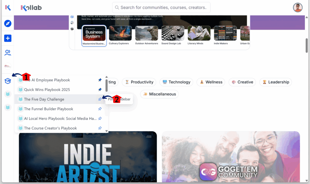 ghl-gokollab-faster-smoother-browse-pin community course UX Pinned Course