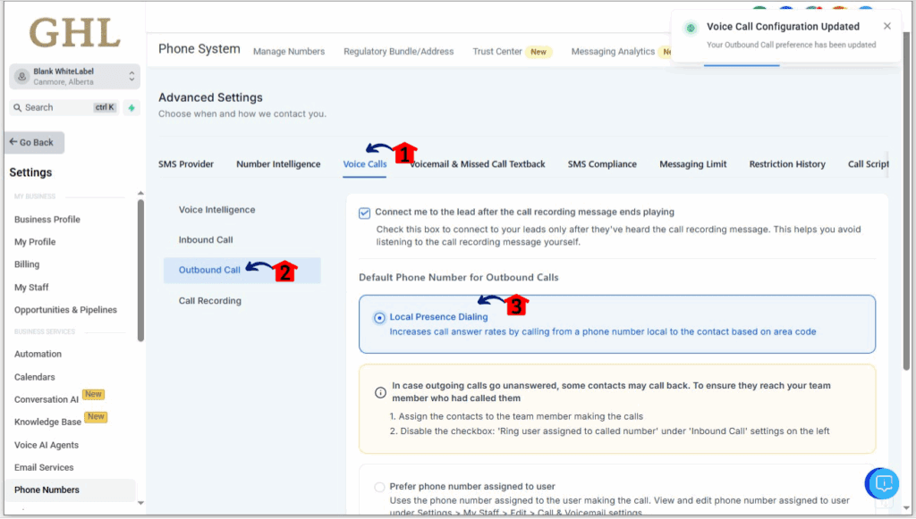 ghl-local-presence-dialing-9 Local Presence Dialing - Set the default number for outbound calls