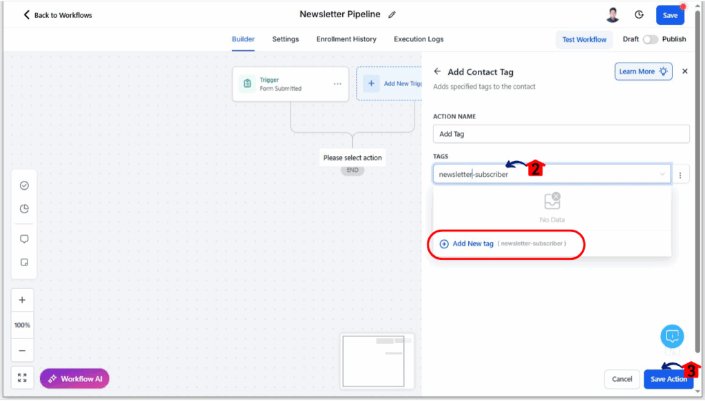 ghl-newsletter-automation-12 Newsletter Automation - Add an Action to Tag New Subscribers