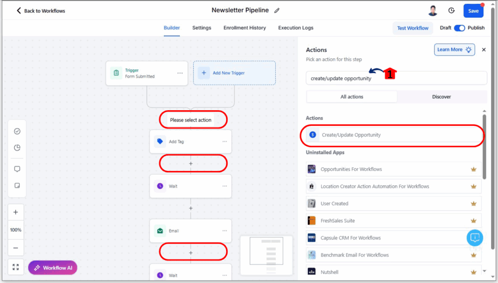 ghl-newsletter-automation-20 Newsletter Automation - Add Opportunity After Send Email Actions