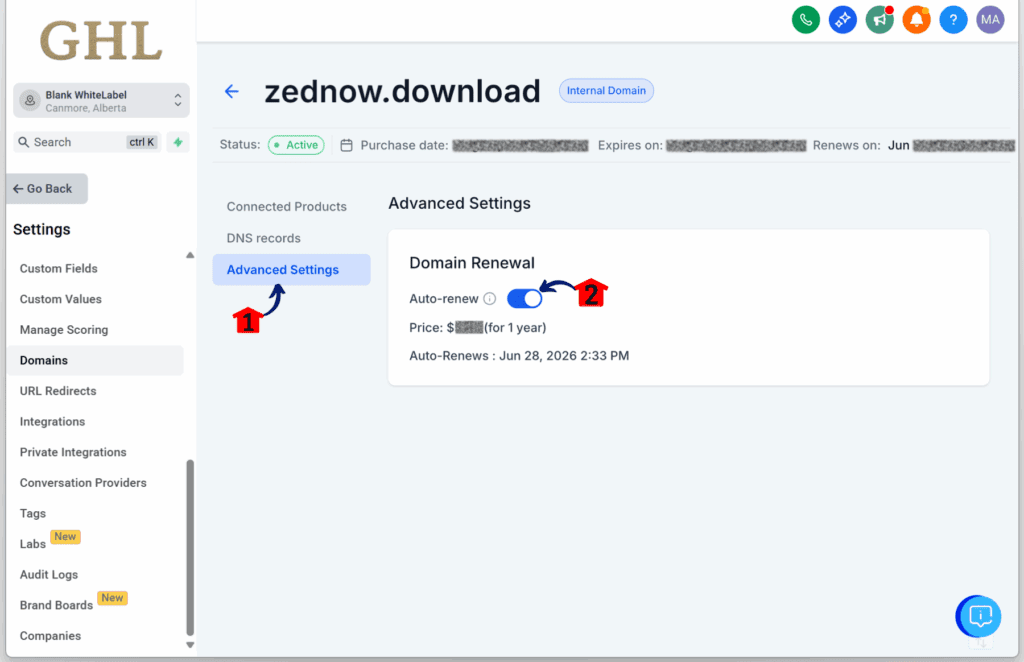 ghl-smarter-domain-renewal-renew-on domain renewal settings - Open Advanced Settings