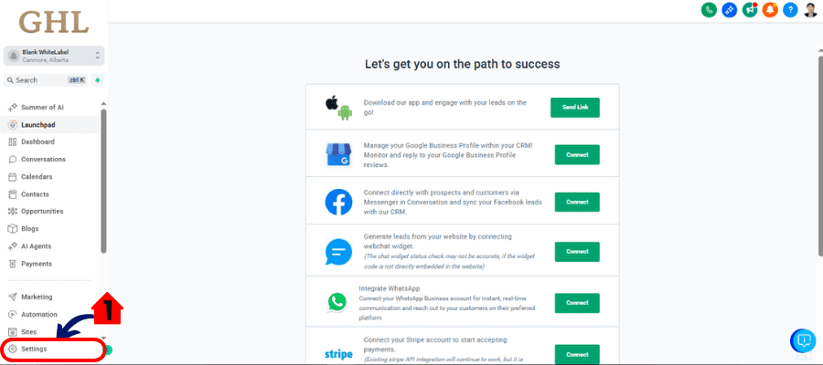 ghl-whatsapp-integration-01 Access the Settings Area in GoHighLevel