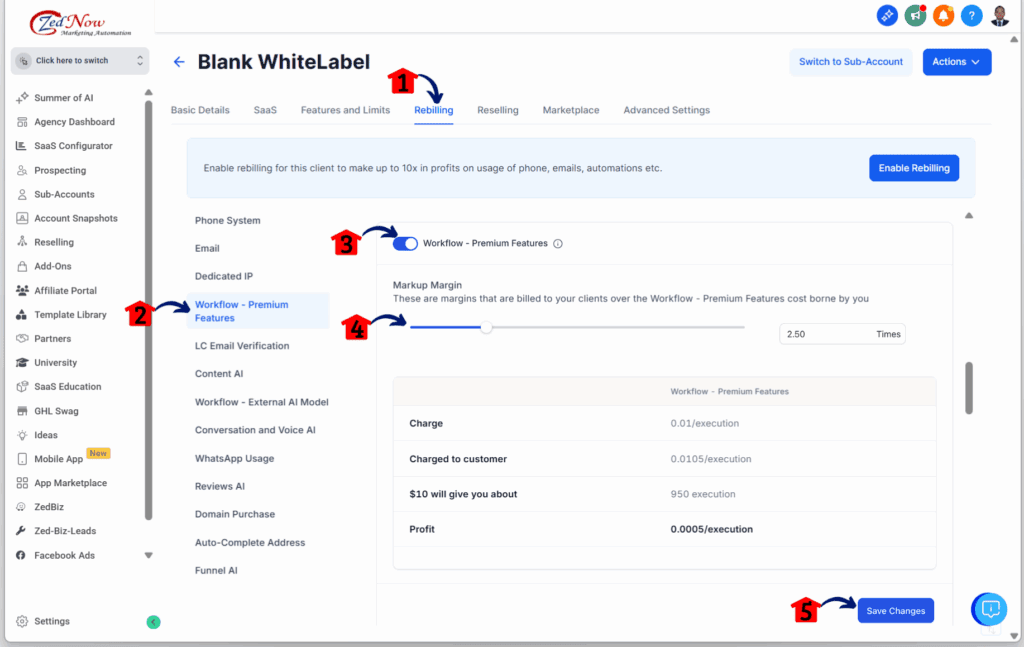 Workflow Pricing Tiers - Manage the Sub-Account Rebilling Settings