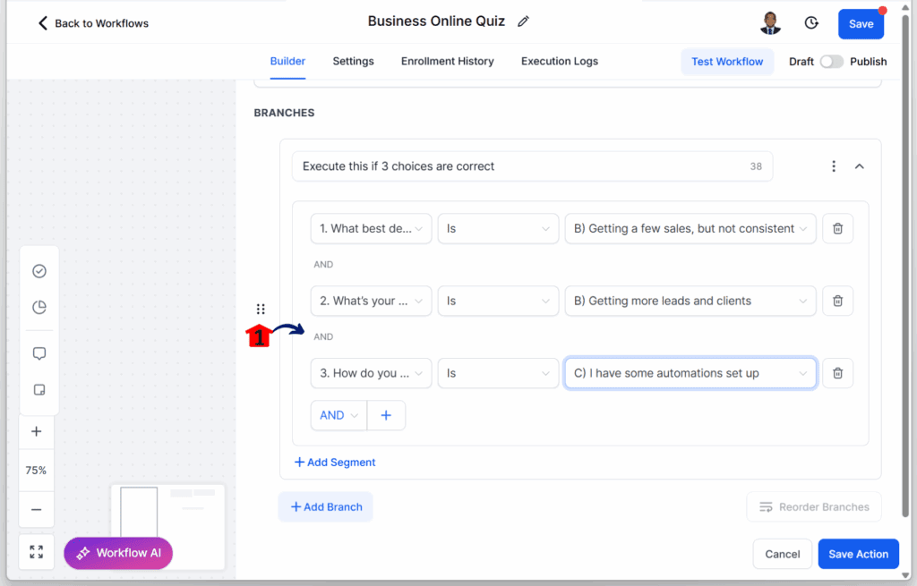 main-guide-quiz-funnel-add-q2-q3-conditions quiz automation flow – Customize the Email for Branch 3