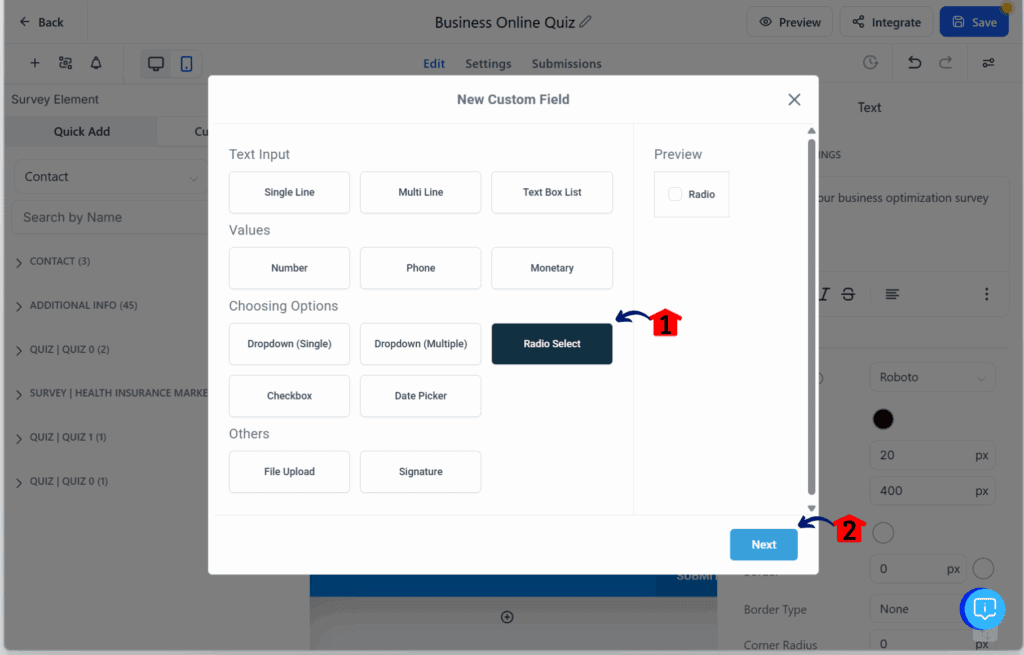 main-guide-quiz-funnel-create-radio-field quiz funnel builder – Add a Custom Field