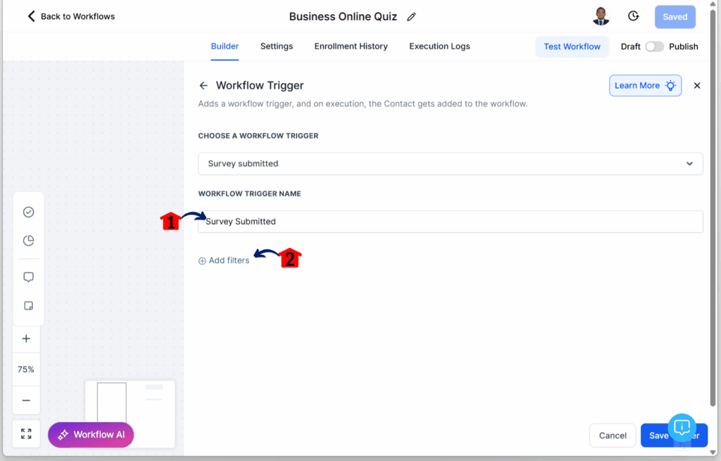 main-guide-quiz-funnel-edit-trigger quiz workflow setup – Set Up Branch 2