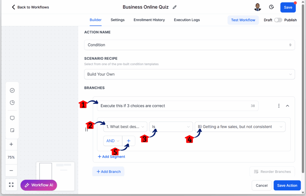 main-guide-quiz-funnel-first-branch-all-correct quiz workflow setup – Set Up Branch 3