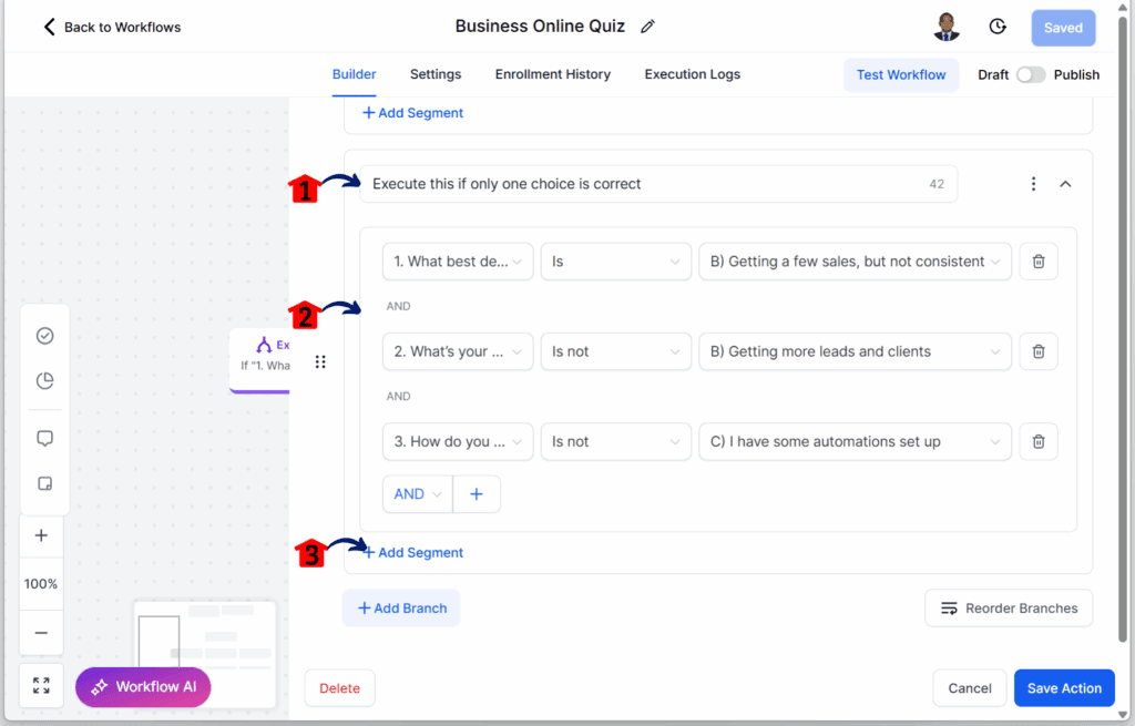 main-guide-quiz-funnel-second-branch-one-correct-q1 quiz workflow setup – Set Up the “None Correct” Branch