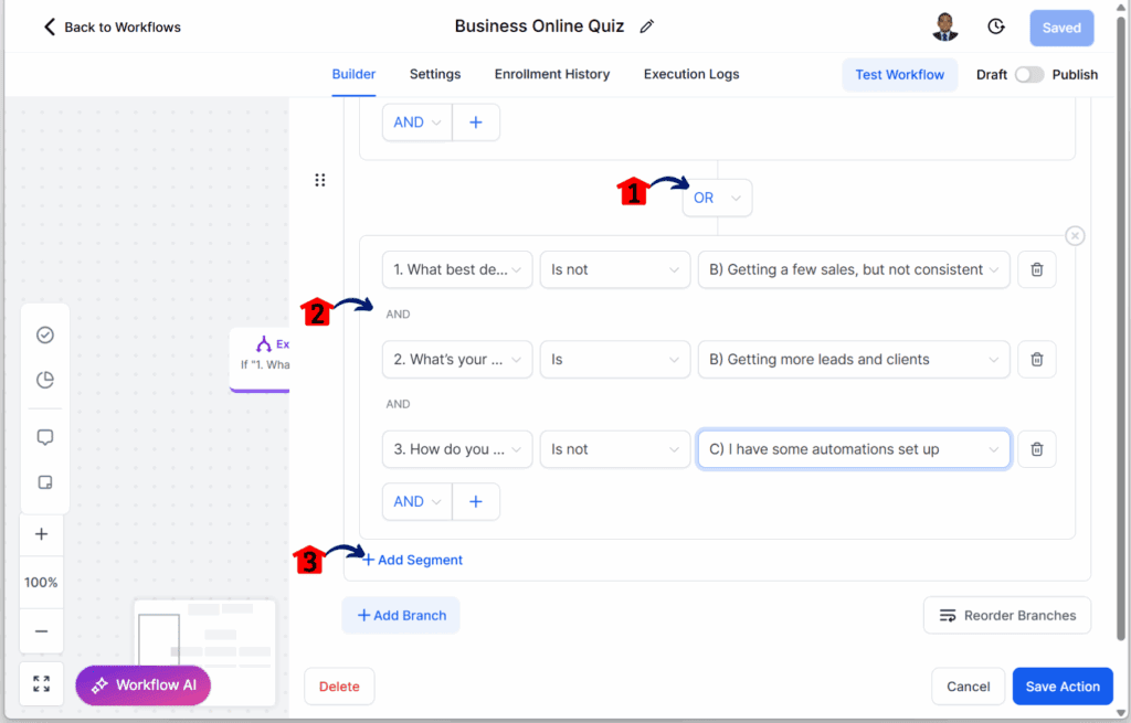 main-guide-quiz-funnel-second-branch-one-correct-q2 quiz automation flow – Customize the Email for the “None Correct” Branch