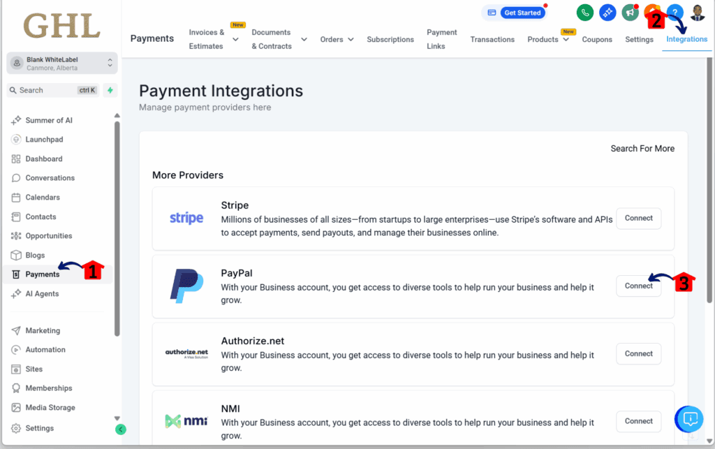 mini-guide-setup-paypal-integrations Connecting paypal in Gohighlevel